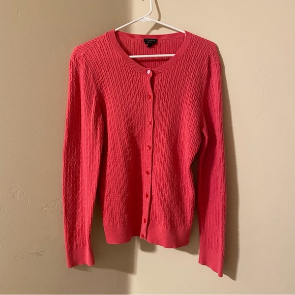 Talbots Bright Pink Pima Cotton Cableknit Cardigan Button Down Sweater L - Picture 3 of 8
